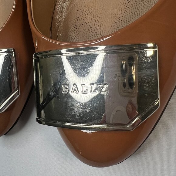 Bally Heline Patent Calf Leather Low Heels w/ metal Logo Plaque Brown 36 US 5.5 - Picture 14 of 16